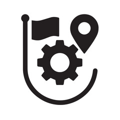 Obraz premium Location Flag and Gear Icon: A cogwheel and flag icon is the focal point, surrounded by a location pin on a route to progress concept illustration.