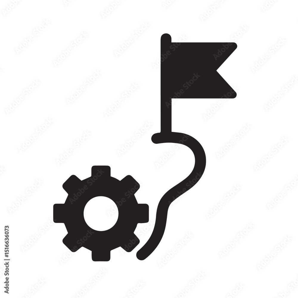 Poster goal setting symbol: a monochrome icon of a gear connected to a flag, symbolizing the process of set