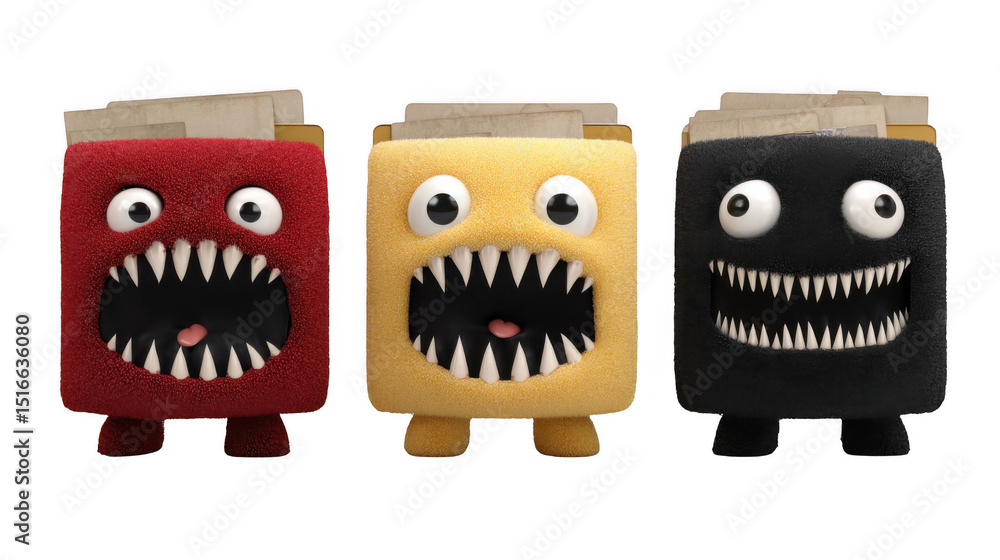 Poster three colorful digital monster folders with sharp teeth are screaming, potentially guarding importan