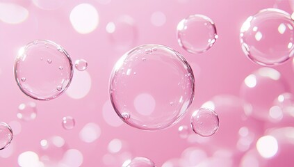 Transparent Pink Bubbles Floating on Soft Light Blurred Background