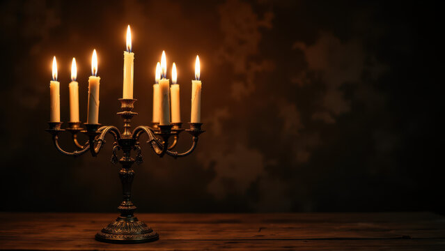 A lit candle stand with three candles on a wooden table against a dark background, conveying a sense of serenity and spirituality often associated with Christian ceremonies.