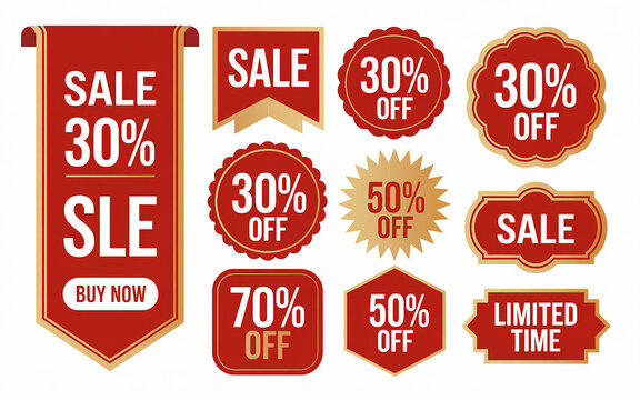 Red and Gold Sale Badges Collection 30 50 70 Percent Off Discount Labels