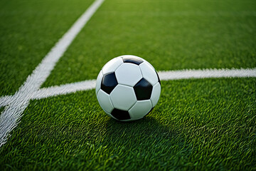 Soccer ball on field of green grass with white line for sports and recreation