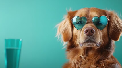 A charming golden retriever wearing heart-shaped sunglasses exudes coolness and playfulness, set against a vibrant turquoise background that enhances its adorable appearance.