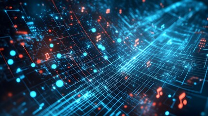 Obraz premium Abstract glowing grid with music notes and spheres in blue and orange colors