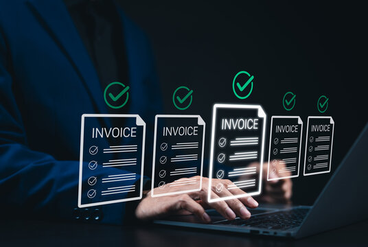 Digital Invoice Approval and Financial Automation Concept. Businessman using laptop with E-invoices and checkmarks, representing electronic billing, invoice approval, and automated financial workflow.