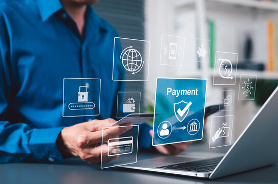 Secure Online Payment Transaction Process concept. Businessman confirming secure online payment using credit card through digital interface with verification tick symbol. Internet banking, fintech, - Powered by Adobe