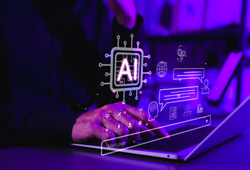 AI - Artificial Intelligence and Chatbot Technology Concept. A person typing on laptop with AI and chatbot interface icons, symbolizing automation, chat AI, and virtual smart assistant communication.