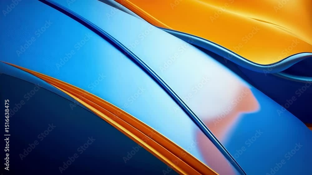 Poster abstract dynamic background animation with flowing curved glossy shapes in blue and golden tones, se