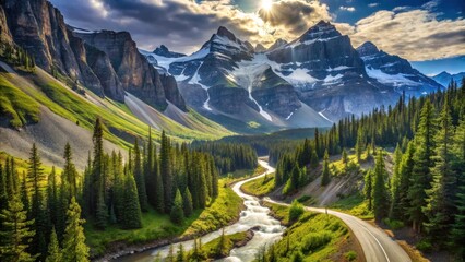 Serene Mountain Valley Vista Winding Road, River, and Majestic Peaks at Dawn
