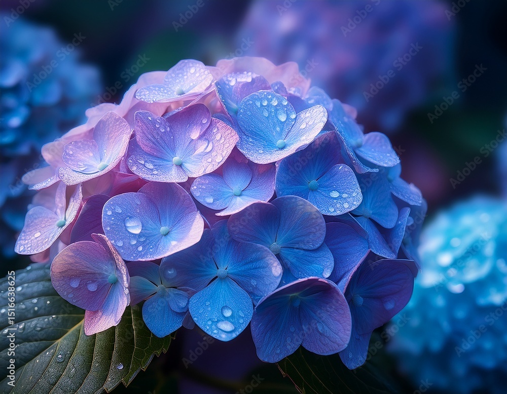 Poster blue hydrangea hydrangea macrophylla or hortensia flower with dew in slight color variations ranging