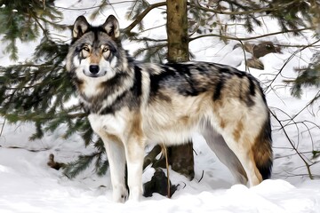Fototapeta premium Wolf in snowy winter forest portrait