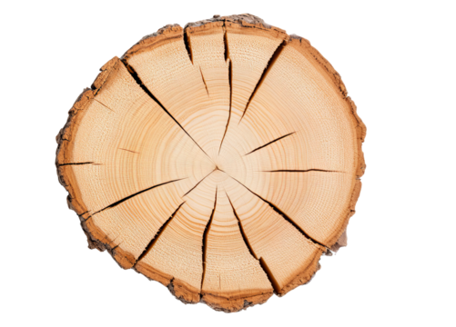 Cross-section of tree trunk with growth rings and cracks isolated on transparent background PNG