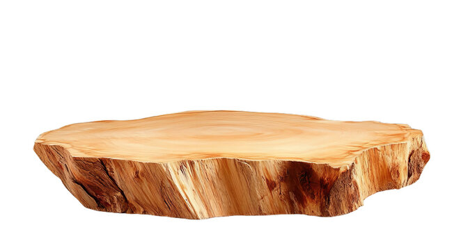 Natural wooden tree stump slice with detailed rings and bark texture isolated on transparent background PNG