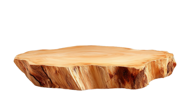 Natural wooden tree stump slice with detailed rings and bark texture isolated on transparent background PNG