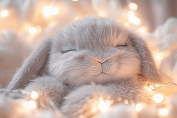 Adorable baby bunny sleeping amidst fairy lights