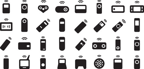 Set of silhouette vector icons related to remote control, wireless, remote, smart, keypad, controller on white background.