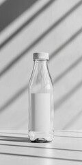 Clear glass bottle with white cap and label casting shadows on white surface. Minimalist and elegant