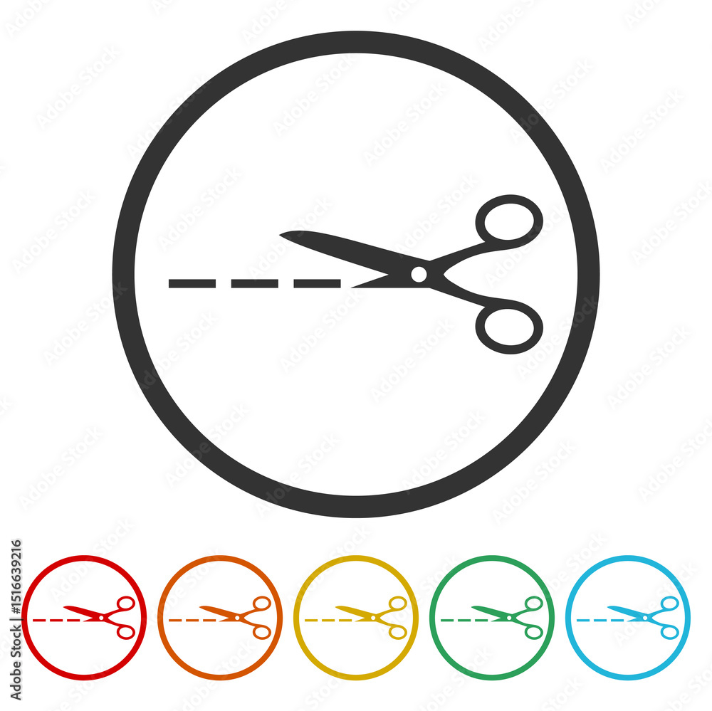 Poster scissor with cut lines logo design. set icons in color circle buttons