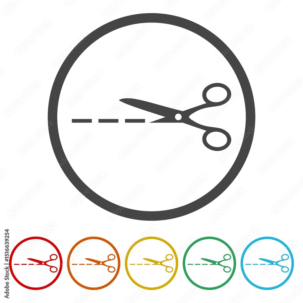 Poster scissor with cut lines logo design. set icons in color circle buttons