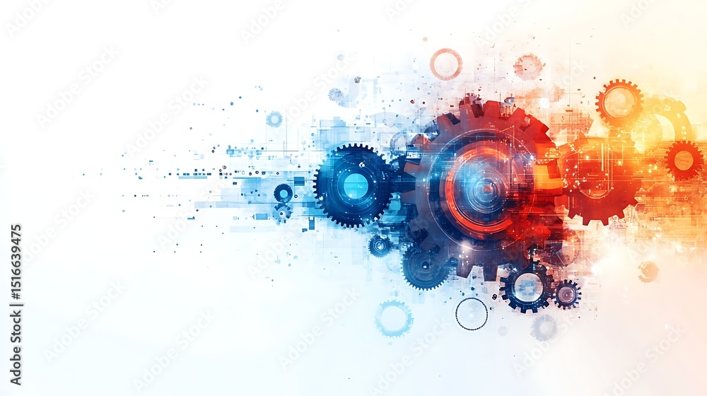 Poster abstract image of interconnected gears with a blue and orange gradient