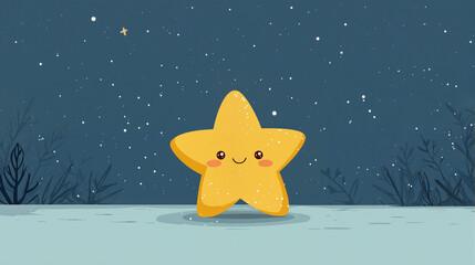 Happy Cartoon Star with a Smiling Face in a Night Sky