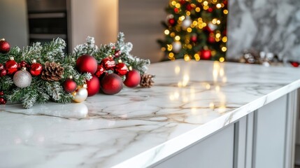 Festive Christmas Decor on Marble Kitchen Counter.