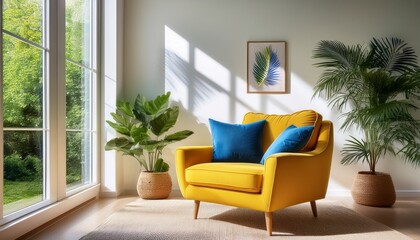bright and inviting interior featuring yellow armchair with blue cushion surrounded by natural