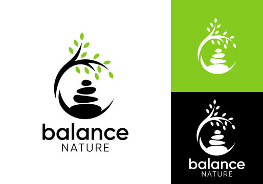 circle balancing stone with leaf tree logo design vector
