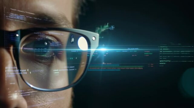 Close-up of a male programmer's eyes with eyeglasses in front of computer monitor. Close-up of the male programmer's eyes, showcasing his concentration as he navigates complex algorithms.