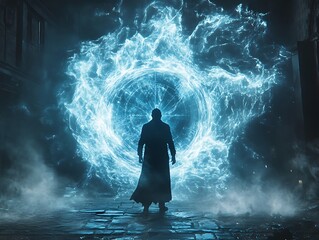 Mysterious figure standing before an otherworldly portal emitting brilliant light