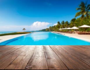 Fototapeta premium table or surface with tropical swimming pool or beach in the background