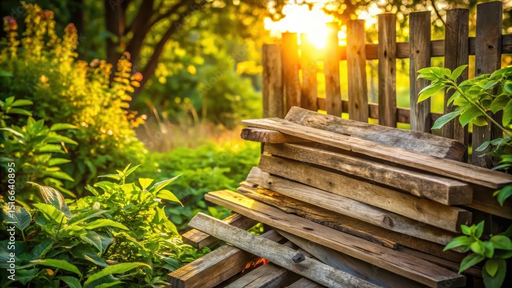 Aufkleber Golden Hour Serenity Rustic Wooden Planks Resting Beside a Weathered Fence in a Lush Garden Setting