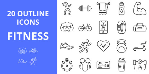 Fitness outline icons set featuring gym equipment and activities  