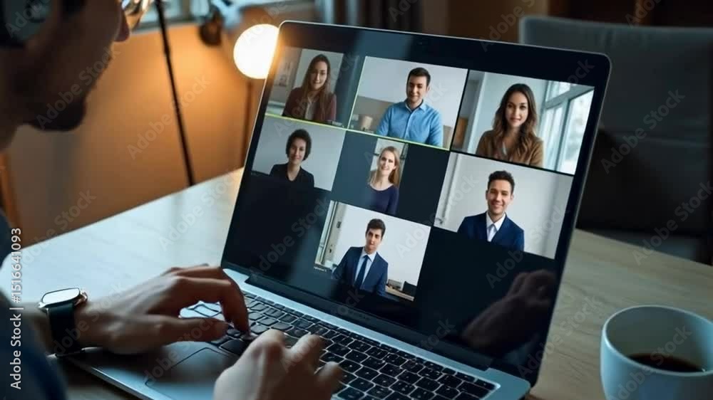 Poster a person is participating in a virtual meeting on a laptop, displaying multiple video calls with var