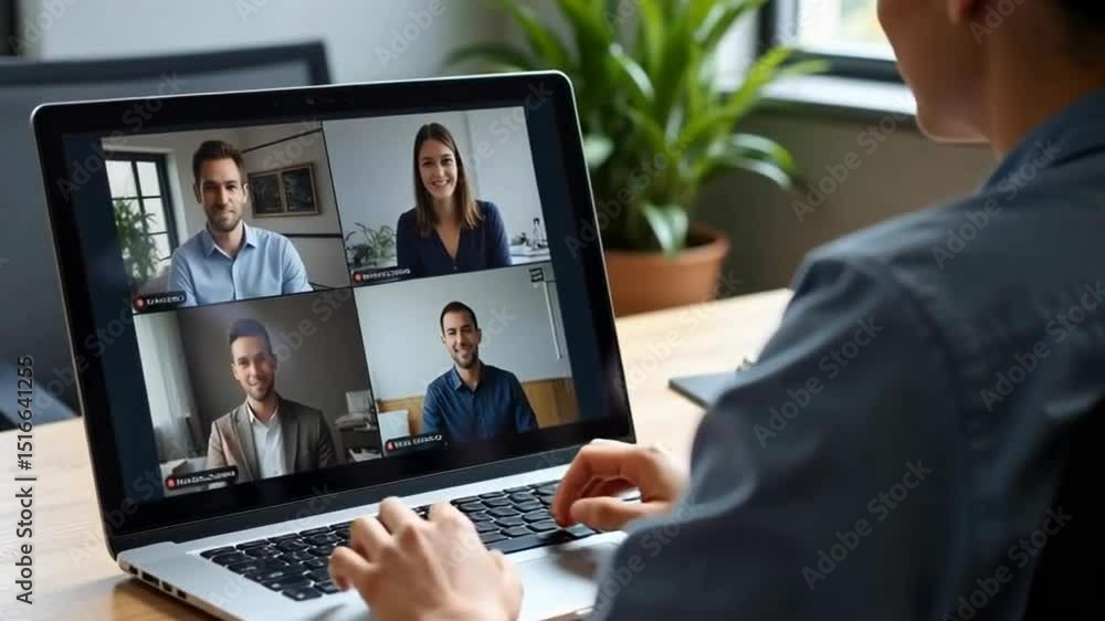 Poster a person is participating in a virtual meeting on a laptop, displaying multiple video calls with var