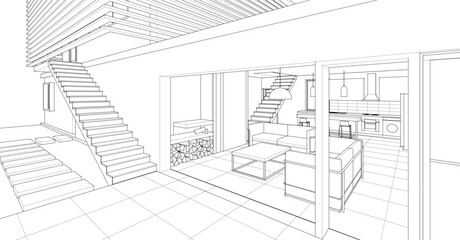 interior kitchen living room 3d illustration	
