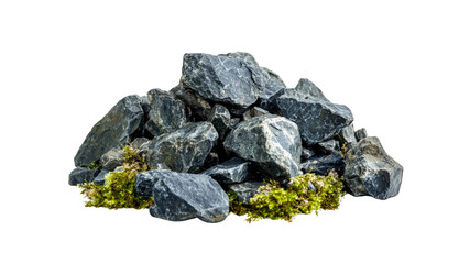 Pile of Dark Grey Stones with Moss - Isolated on Transparent Background