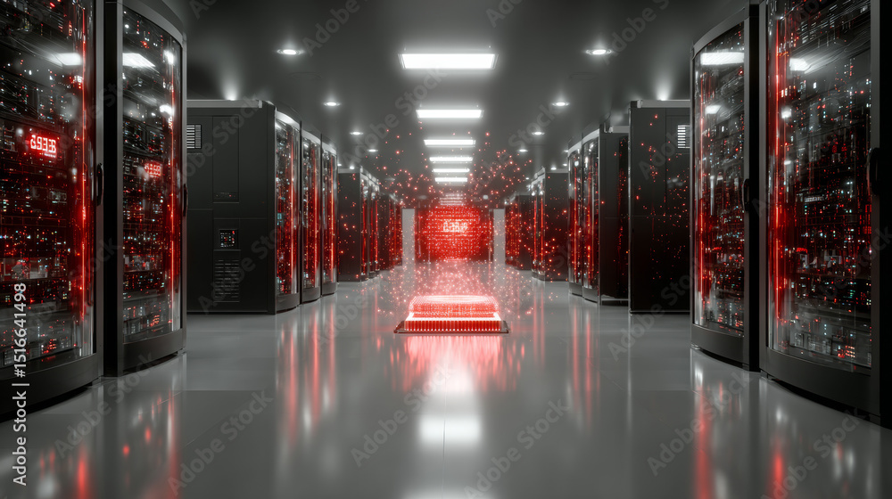 Aufkleber data center, digital information storage room with server hardware on racks and hologram of processo