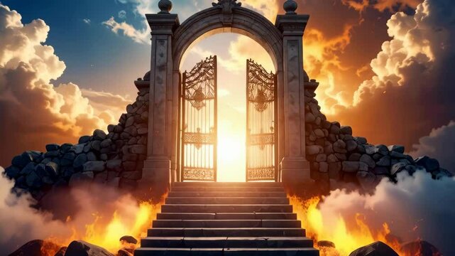 Ornate archway with iron gates and stone steps leading towards bright sunlight against a dramatic sky with fiery clouds