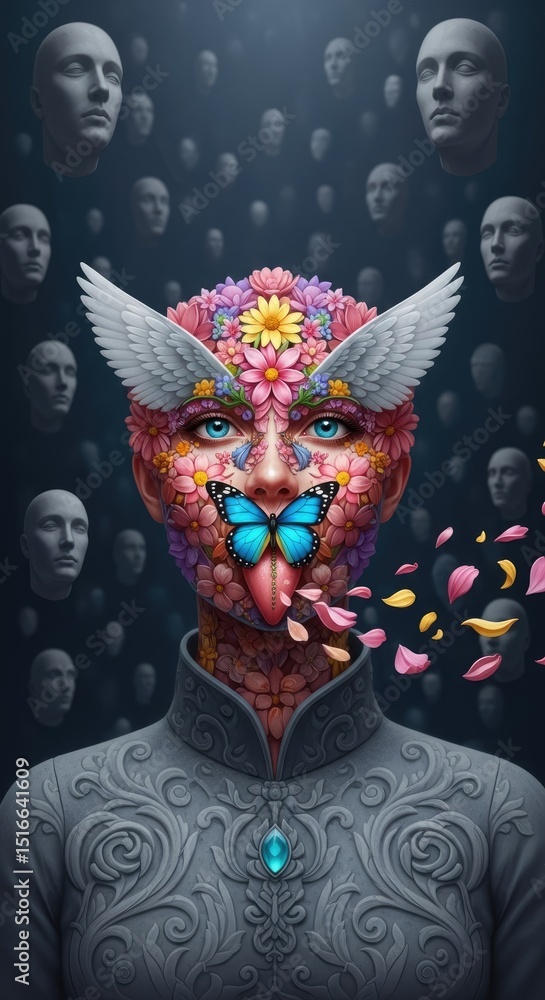 Poster surreal portrait of a person with butterfly elements and pixelated details against a dark backdrop w