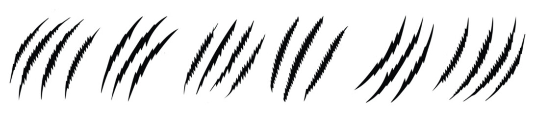 Claw Scratches Icon Set Vector – Tiger, Cat, and Wild Animal Paw Marks Isolated on Transparent Background. Tiger Stripes Vector – Black Claw Marks