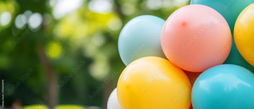 Poster colorful balloons cluster with soft bokeh background in a summer outdoor setting