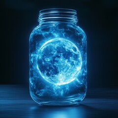 A captivating surreal illustration of a glowing moon trapped inside a jar, perfect for fantasy-themed projects, mystical events, and serene night-time decor.