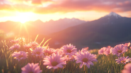 Pink daisy flowers growing in a grassy meadow with a mountain range in the background at sunset, backlit, creating a beautiful natural landscape.