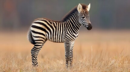 Fototapeta premium Young zebra standing in a field of tall grass.