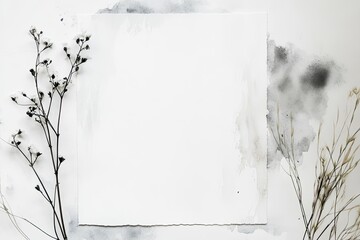 Blank paper surrounded by dried flowers and watercolor stains