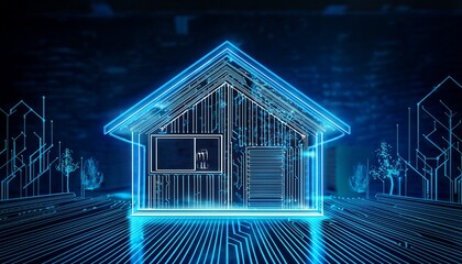 smart home technology concept with house interior design and blue digital hologram lines a house made of circuits and wires