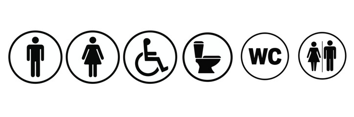 Restroom Icon Set Vector Outline – Toilet, WC, Male, Female, and Disability Symbols. Transparent background