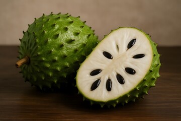 Fresh Soursop Fruit (Graviola) Halved on Wooden Surface